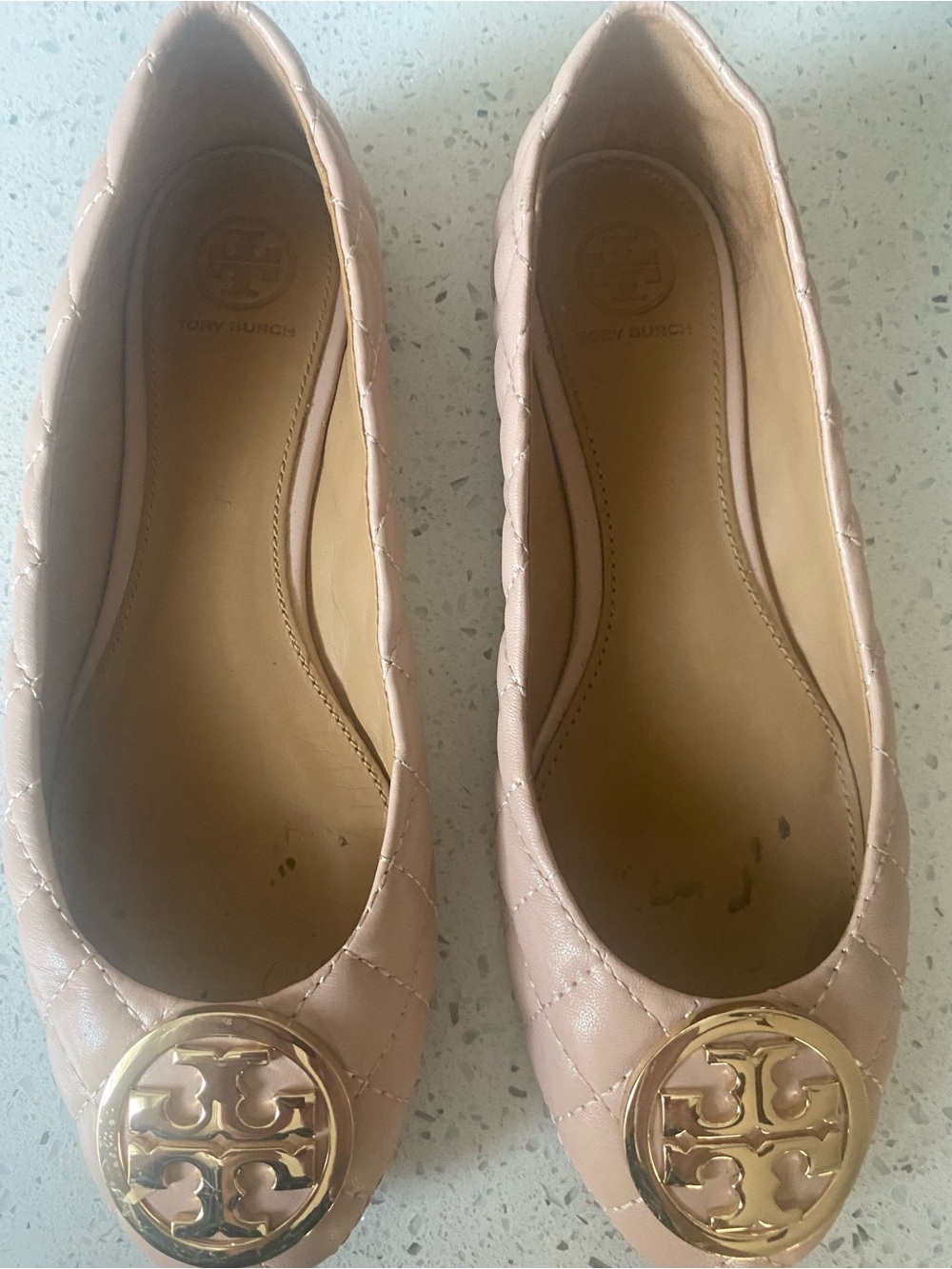 Tory Burch Quilted Ballet Flats in Blush with Gold Logo Medallion